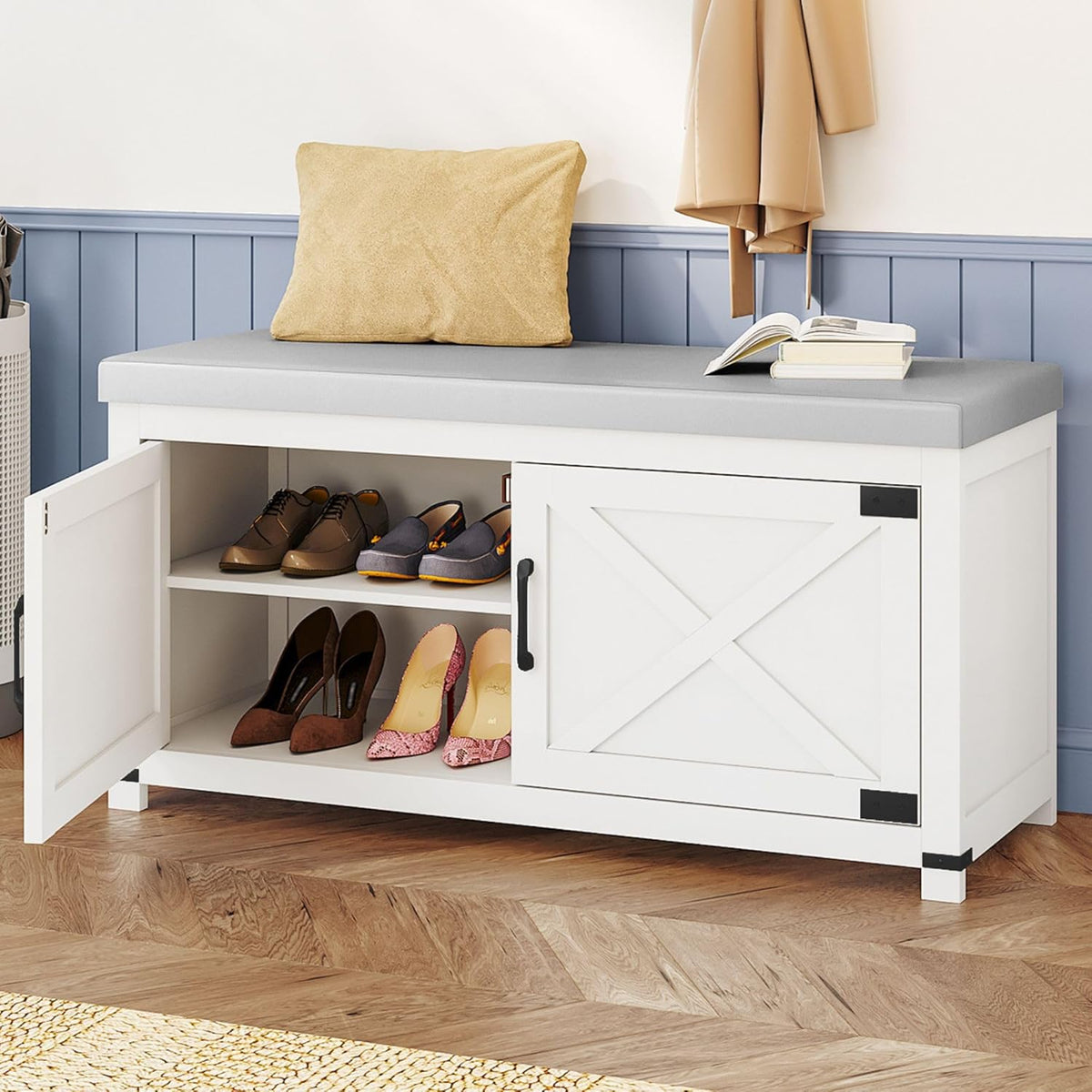 Hzuaneri SB26603GY Schoenenbank, schoenenkast met zitting, gevoerd kussen, voor 12 paar, voor ingang, woonkamer, hal, 35 x 100 x 49 cm, wit
