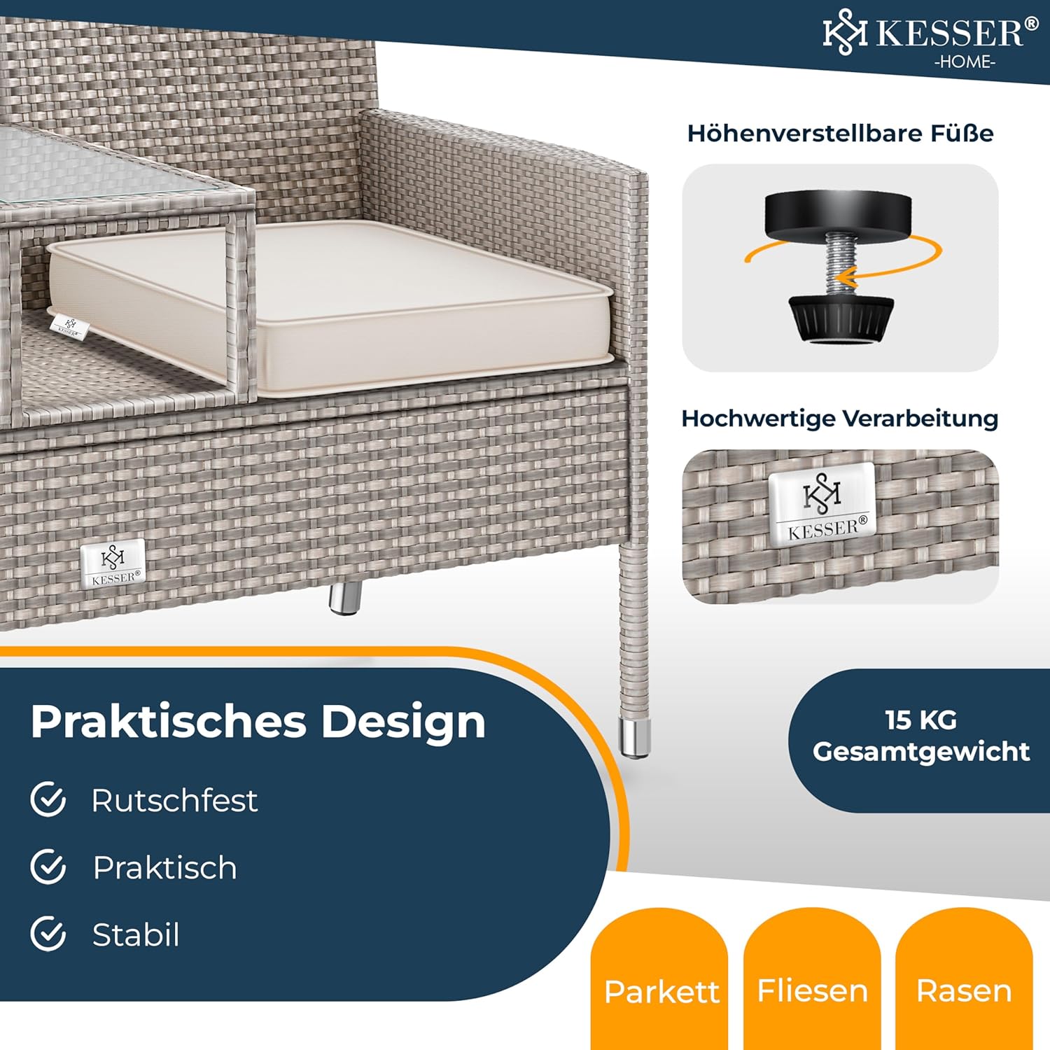 KESSER® Polyrotan tuinbank - Weerbestendig - Inc. Kussens - Grijs •