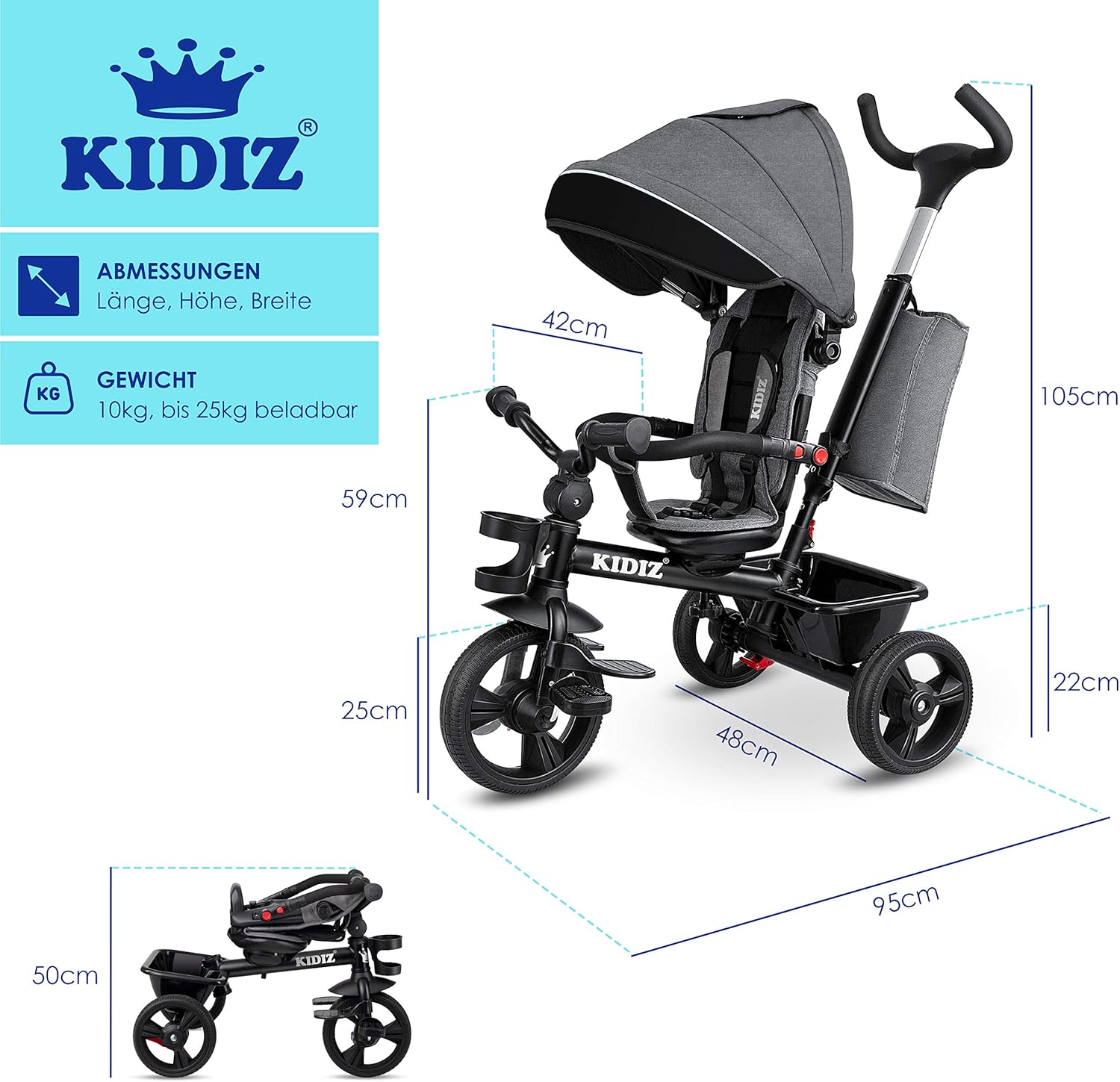 KIDIZ® 5in1 Kinderfiets - Loopfiets - Driewieler - Grijs •