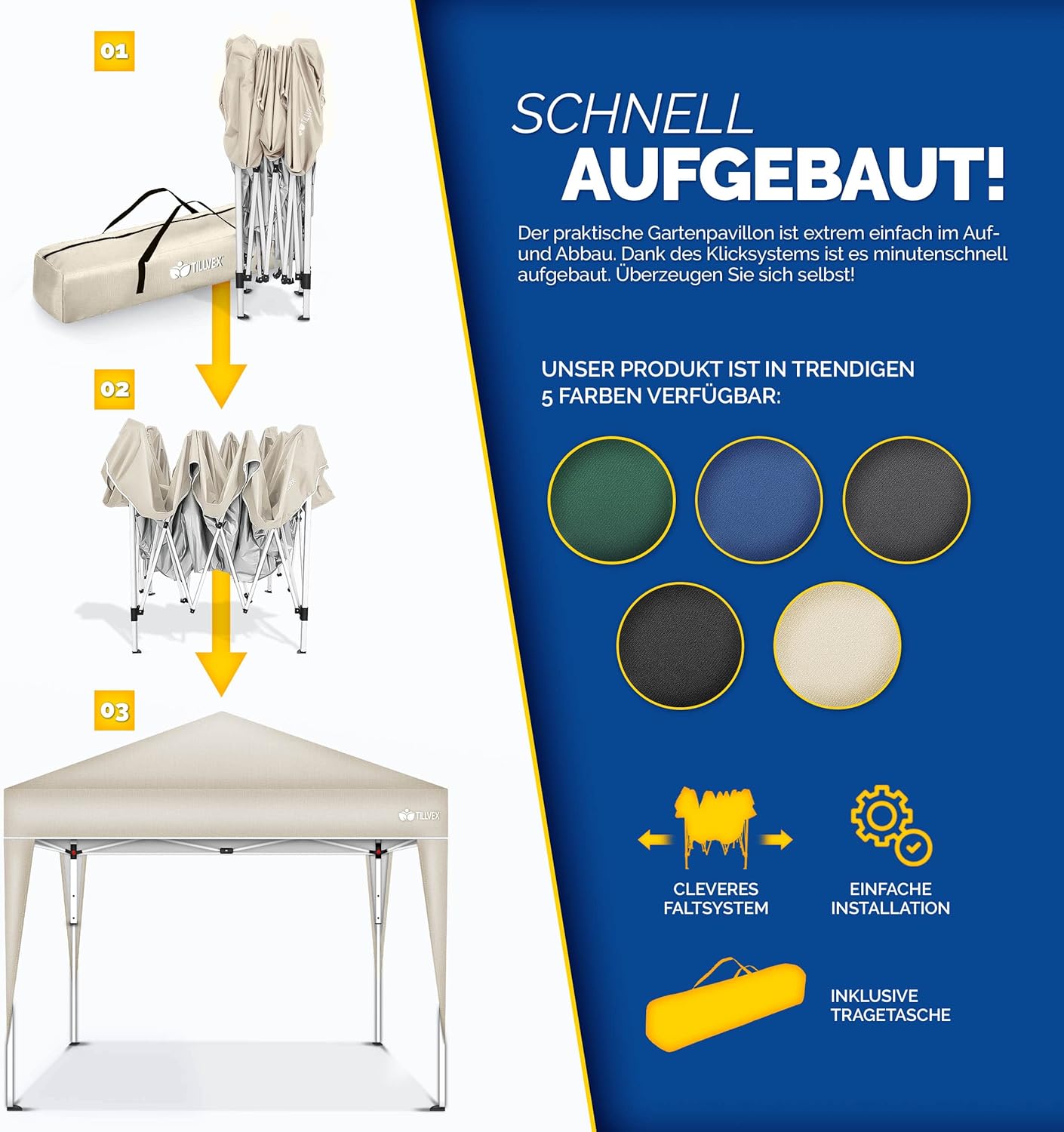 Tillvex® Partytent - 3x3m - Paviljoen - Easy Up - Crème