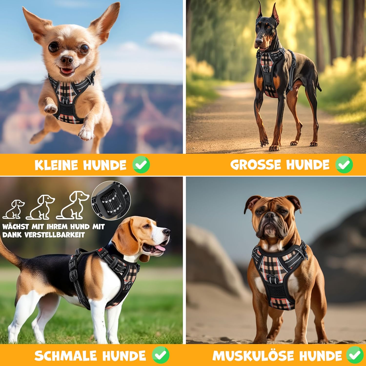 LOVPET® Hondentuigje zonder tocht en stikken voor kleine honden en puppy's, ademend en zacht, reflecterend, anti-trektuigje, inclusief zakrollen, verstelbaar harnas met handvat, beige, L