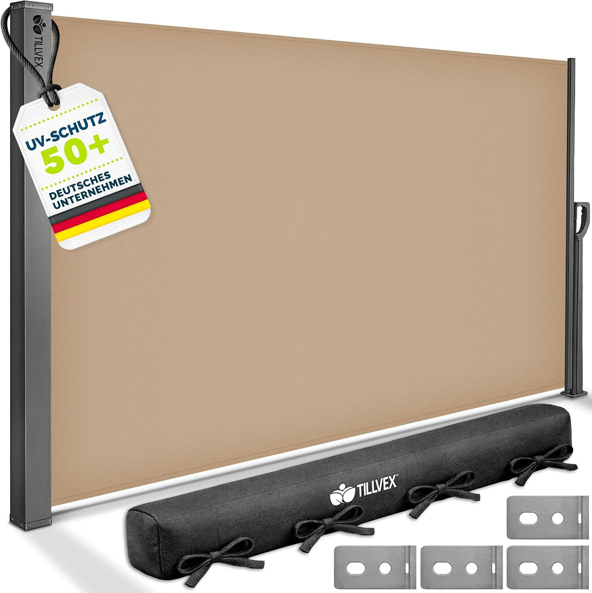 tillvex® Zijmarkies, 180 x 300 cm, uittrekbaar en ondoorzichtig, met regenhoes, inkijkbescherming, balkon, tuin en terras, zijrolgordijn met wandhouder, zonwering van roestvrij staal, taupe