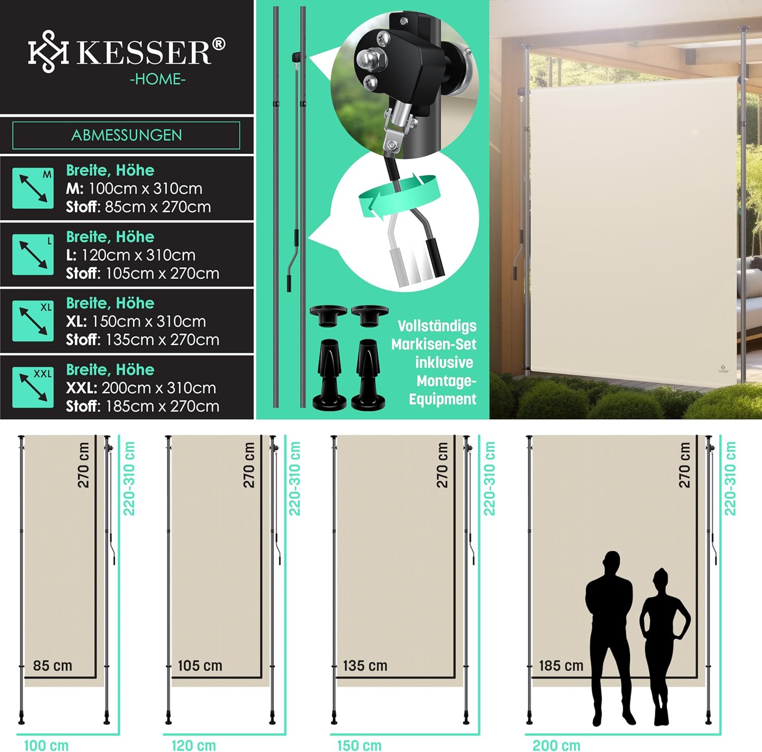 KESSER® Klemluifel - Balkonluifel - Zonwering - 100x310 cm - Beige