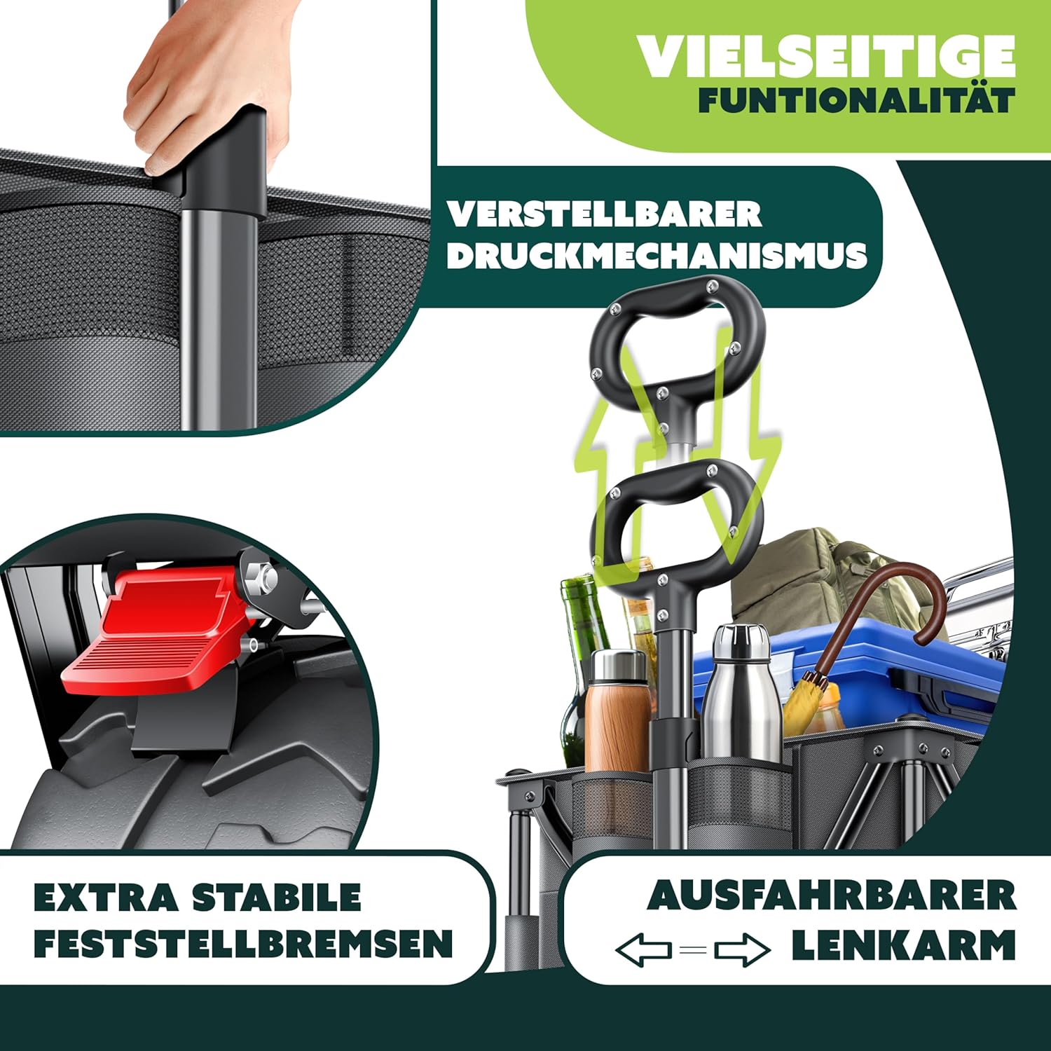 KESSER® Bolderkar, GTR9000, handwagen, 200 kg, 300 liter, opvouwbaar, brede 360° luchtwielen en parkeerremmen, weerbestendig, strandwagen, incl. afdekking, zijzak en bekerhouder
