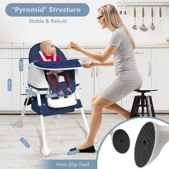 Kinderstoel, 3-in-1 kinderstoel, tafelstoel, verstelbaar met dubbel dienblad, wielen en mand, kinderstoel, babystoel vanaf 6 maanden, blauw