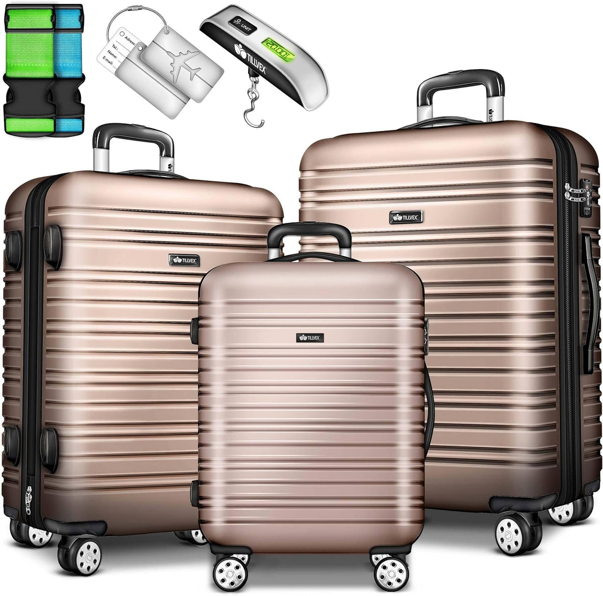 Tillvex® Reiskofferset - 3-delig - ABS- Kofferset - Roségoud