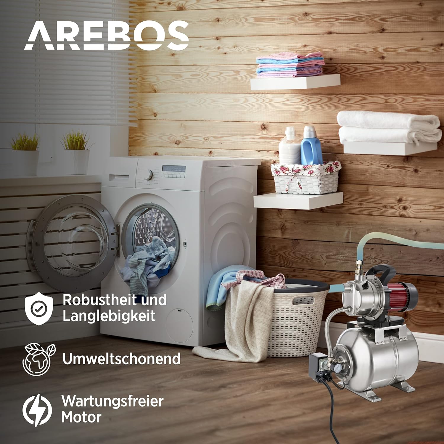 Arebos Huiswaterinstallatie, 1200 watt, debiet 3800 l/u, opvoerhoogte 48 meter, tank van 19 liter