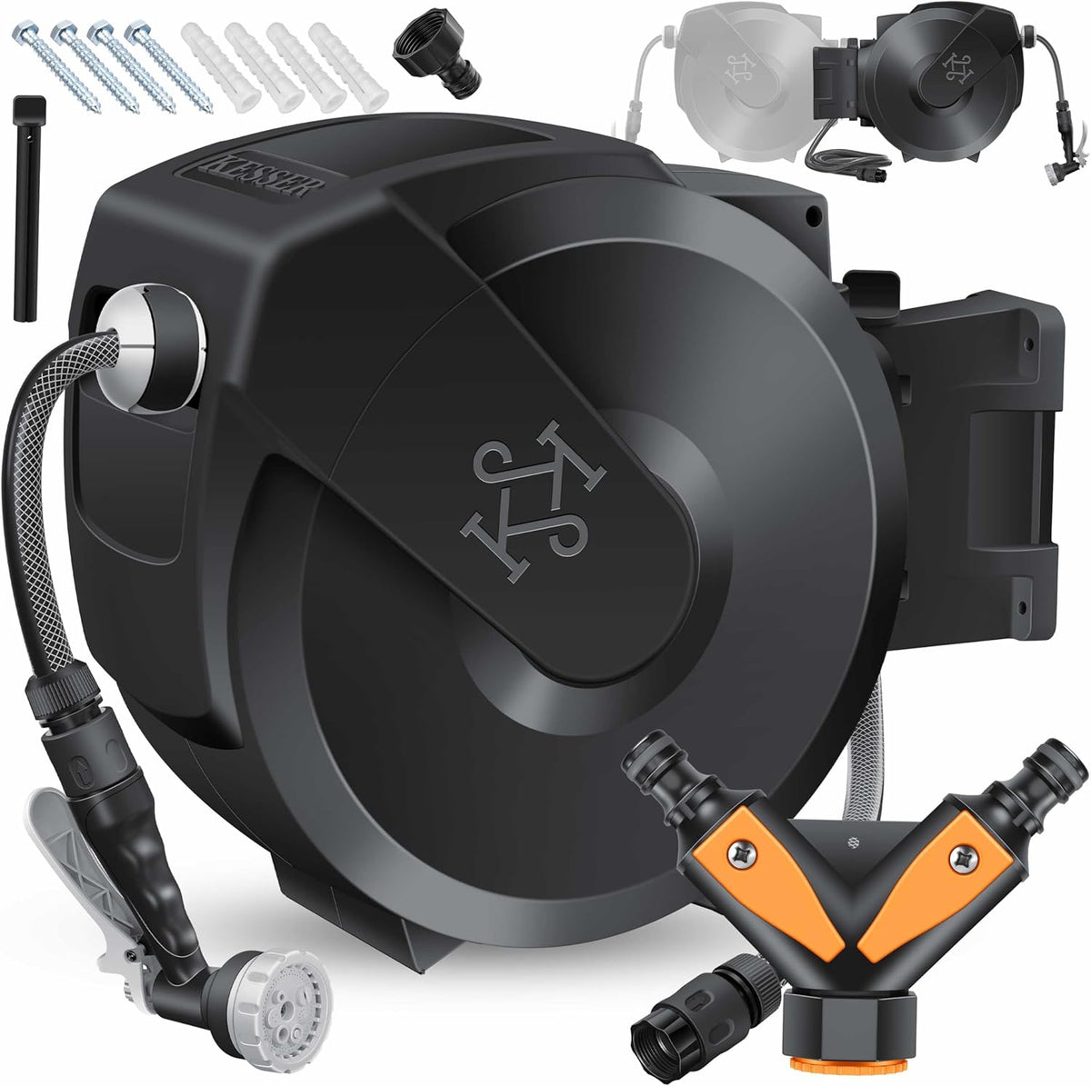 KESSER® Slanghaspel met tuinslang 20 m | waterslanghaspel voor wandmontage | wandhouder | 180° draaibaar & automatisch oprolbaar | wandslangbox incl. 7 functies handdouche