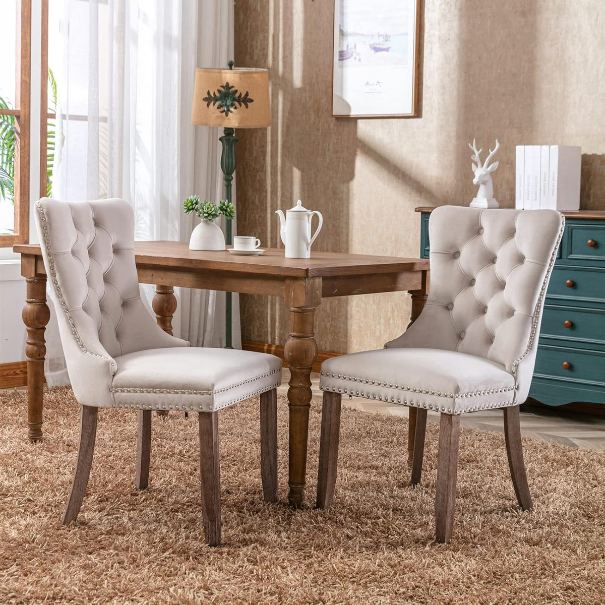 Eetkamerstoelen - Set van 2 - Met Rugleuning - Fluweel - Beige - Kelodan