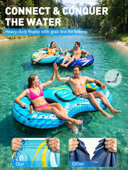 HLDIRECT Opblaasbare rivierband, robuuste drijfband voor 2 personen met bekerhouders, voor rivier, zwembad, meer, strand, ergonomische rugleuning, duurzame handgrepen en grijptouw voor volwassenen