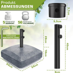 tillvex® Pavera Parasolstandaard met wielen en remmen, parasolstandaard bij te vullen, 37 liter/56 kg, parasolgewicht parasol en marktscherm Ø 1,8 - 3,7 m, oprolbaar, weerbestendig en uv-bestendig, graniet-look