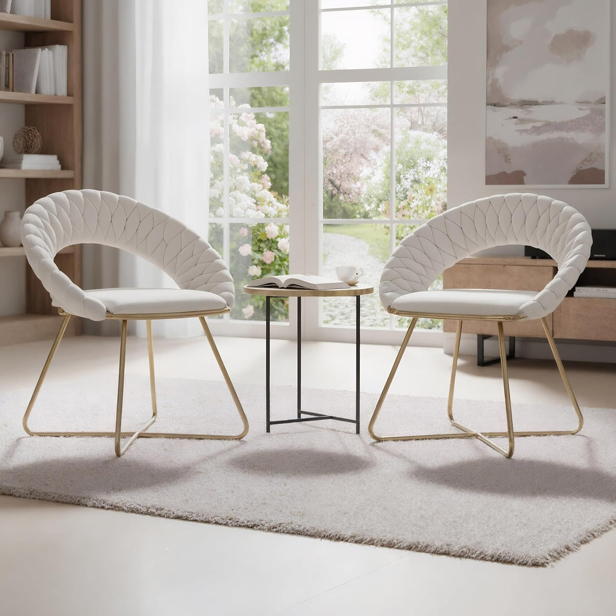 Chairus Set van 2 elegante fauteuils voor de woonkamer: fluwelen fauteuil met gouden onderstel, beige