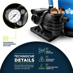 Tillvex® Zandfilter - Zandfilterpomp - 13200L/u - Blauw