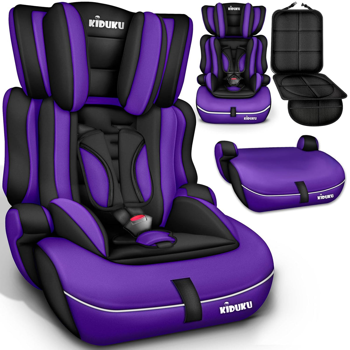 KIDUKU® Kinderzitje, 9-36 kg (1-12 jaar) met onderlegger voor kinderzitje, ECE R129/03, groep 1/2/3, autostoel, zwart/lila