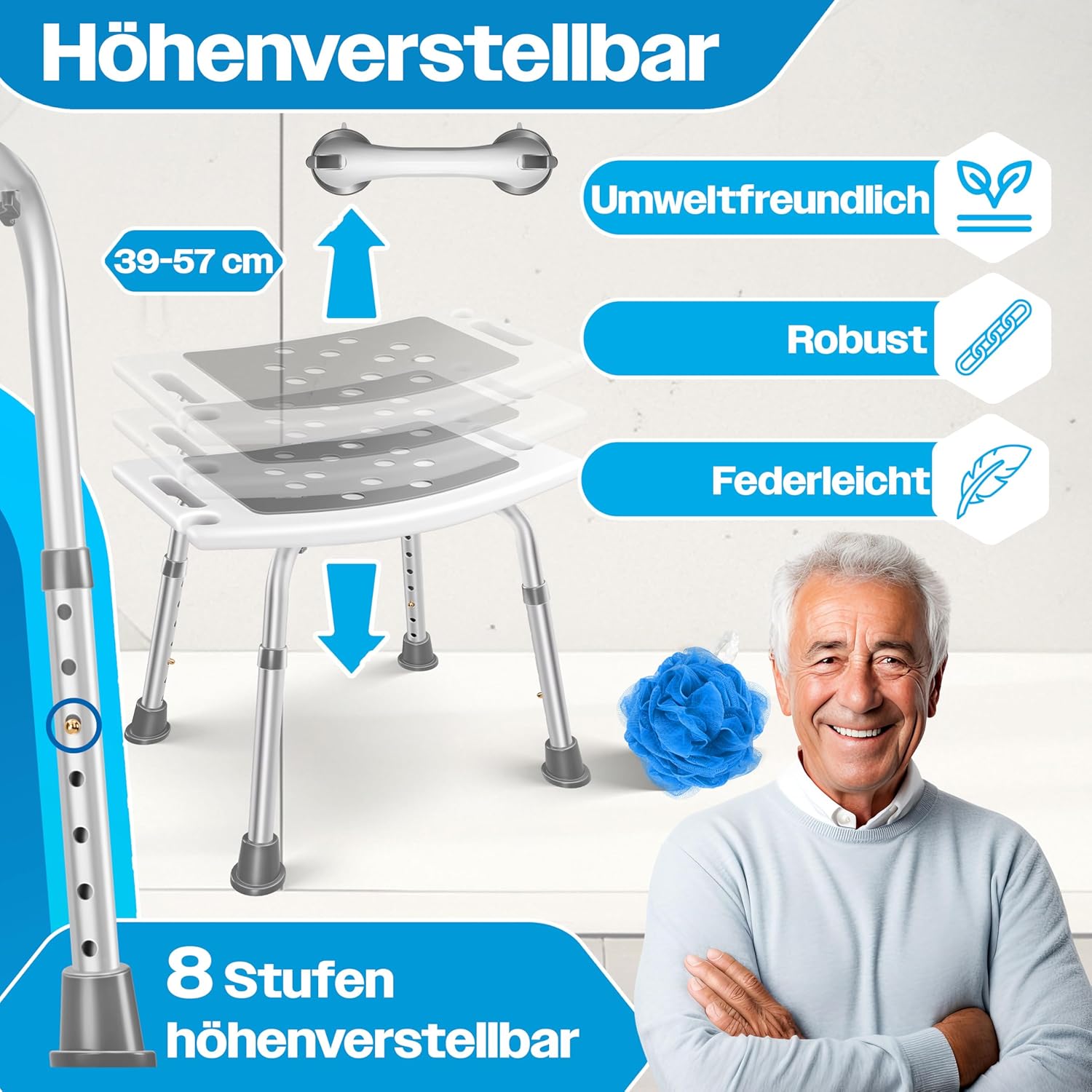 KESSER® Douchekruk - Douchestoel - Verstelbaar - Antislip - Wit
