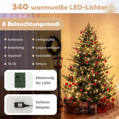 COSTWAY Kunstkerstboom met verlichting, 210 cm, dennenboom met 340 warmwitte ledlampen en 8 lichtmodi, kerstboom met scharnierstructuur, kunstboom voor thuis, groen