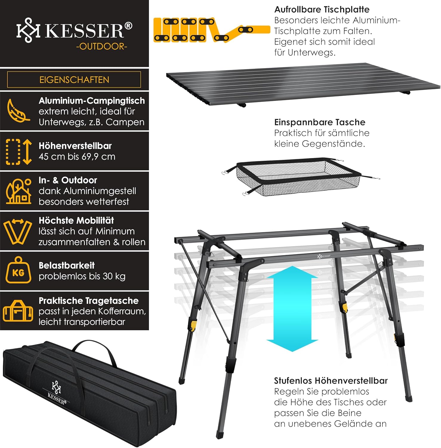 KESSER® Campingtafel Opvouwbaar - Verstelbaar - 90x53cm - Antraciet