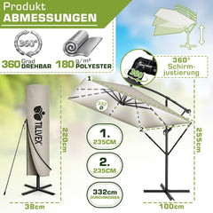 tillvex Rechthoekige aluminium parasol, diameter 330 cm + afdekking met zwengel, zweefparasol, aluminium, rechthoekig met standaard en windbescherming, tuinscherm, uv-bescherming, waterdicht, 360°, taupe •