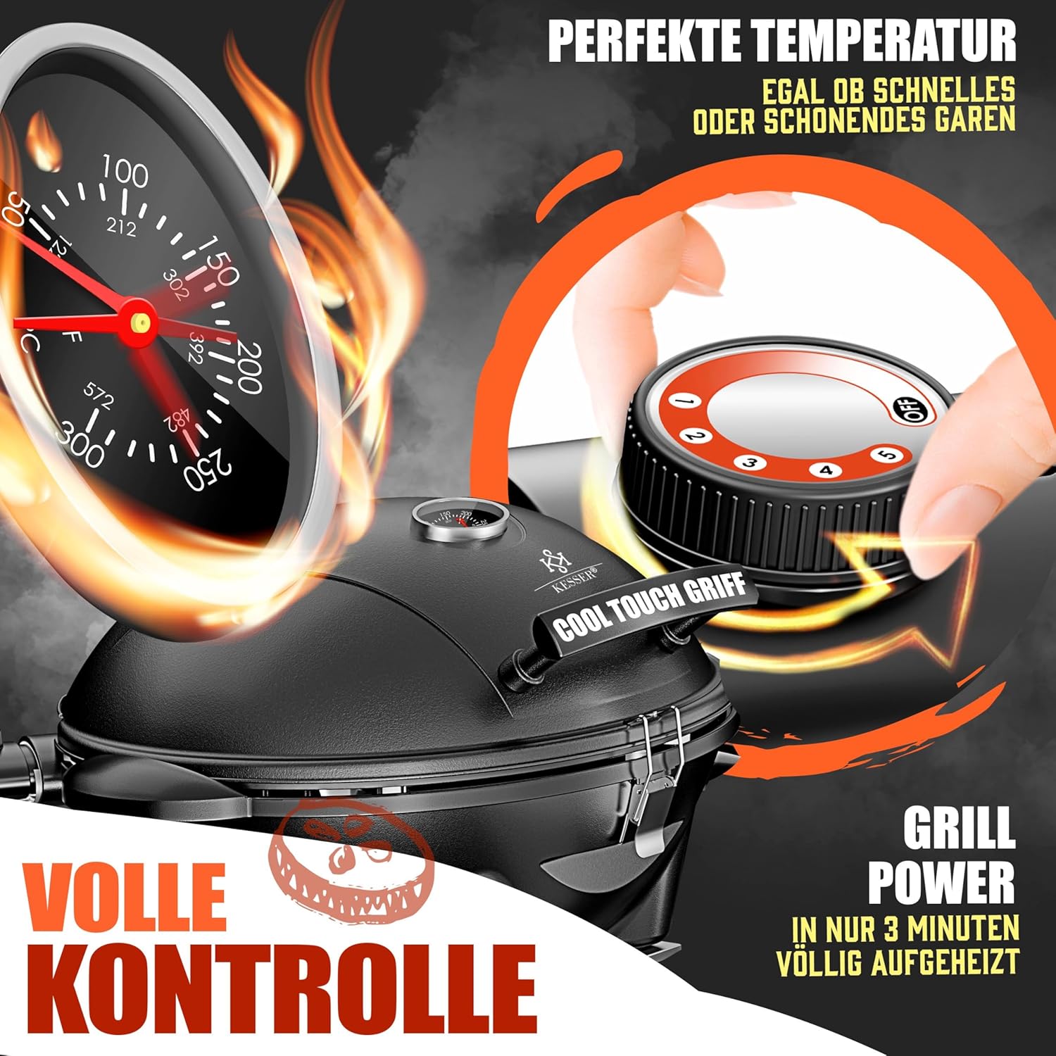 Kesser Tafelbarbecue, elektrisch, 2-in-1, met deksel en voet, max. 2400 watt, inklapbaar, thermometer, antiaanbaklaag, grillplaat en tafelblad, 2 wielen, zwart, zwart