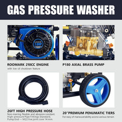 BOVONO 7 pk benzine hogedrukreiniger 3600 psi benzine hogedrukreiniger 170f 210cc 4-takt benzine hogedrukreiniger met 8 meter slang en 5 sproeiers voor het reinigen van auto's, huizen, opritten en terrassen, blauw