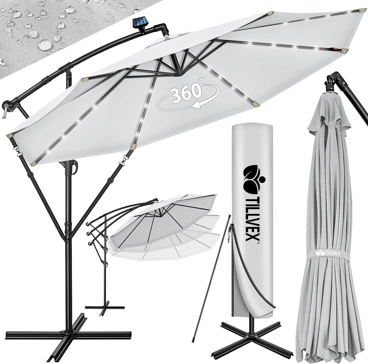 Tillvex® LED Parasol - Zweefparasol - Ø350cm - 360° Draaibaar - Wit
