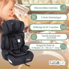 FableKids Kinderautostoel 9-36 kg, 3-punts veiligheidsgordel, autokinderzitje vanaf 15 m, autostoel voor kinderen 76-150 cm, kinderzitje, verstelbare hoofdsteun, ECE R129/03, verstelbaar, zwart