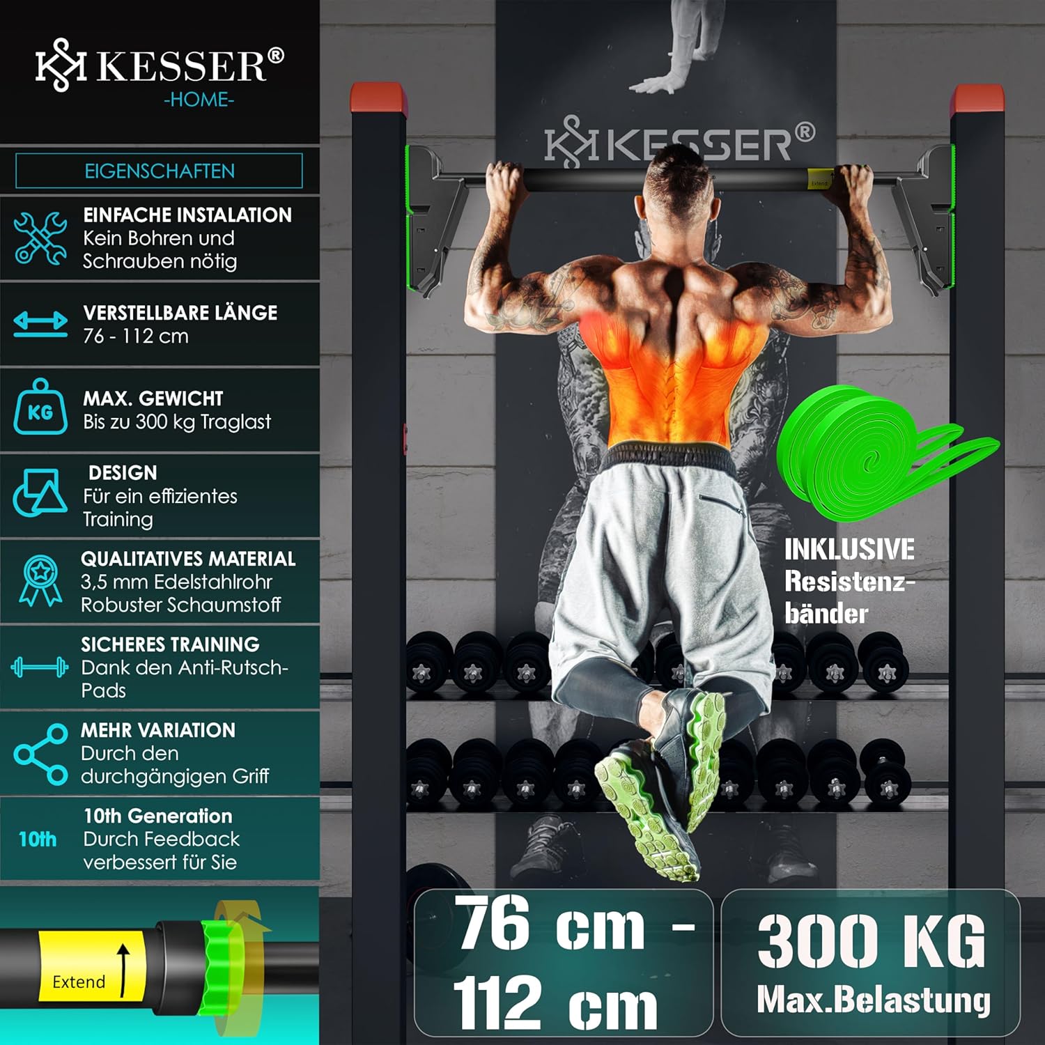 KESSER® Optrekstang - Pull-up bar - Zonder schroeven - 68-106 cm - Groen