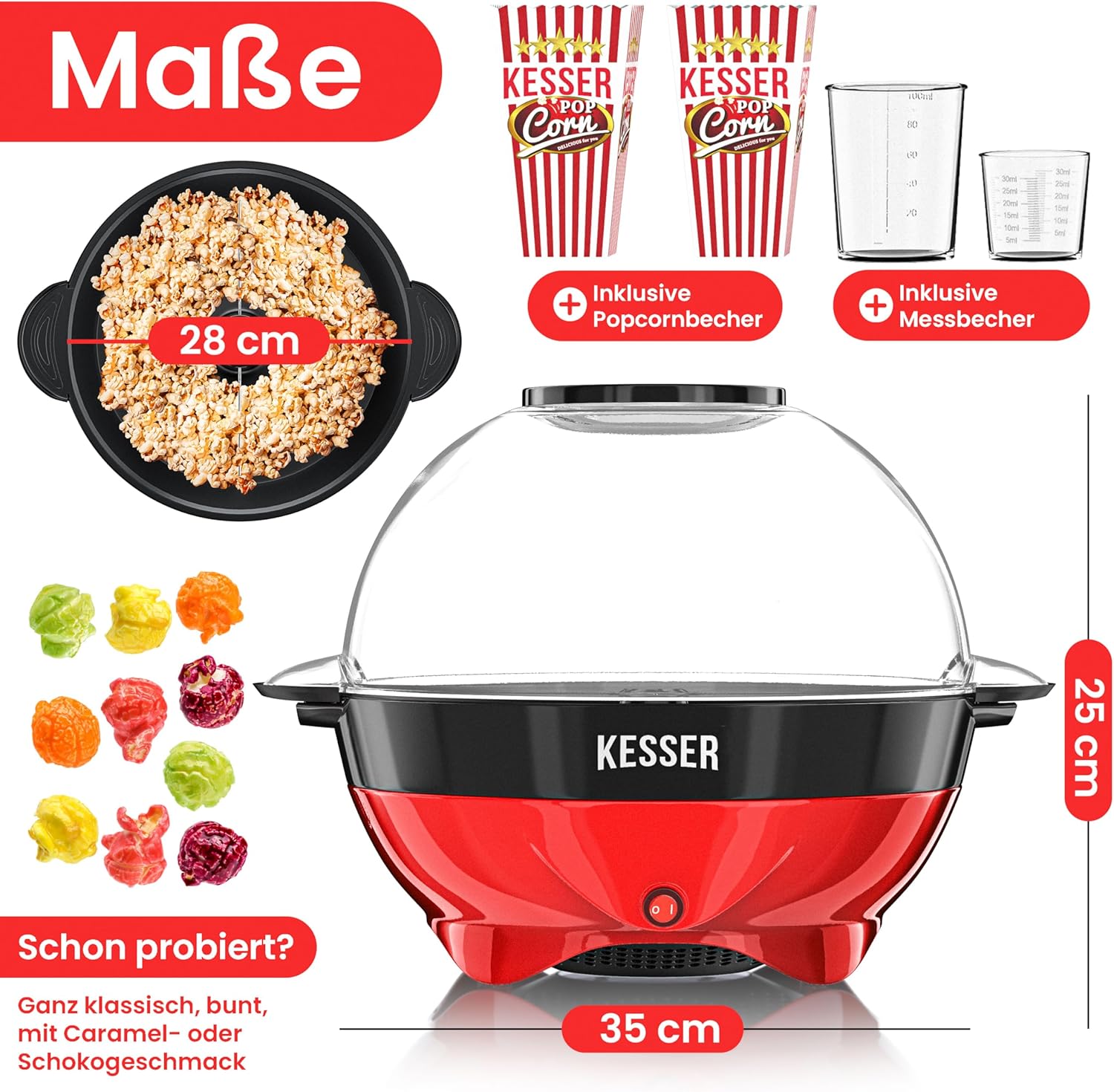 KESSER® Popcornmachine - Popcornmaker - 800W - 5,5L - Rood