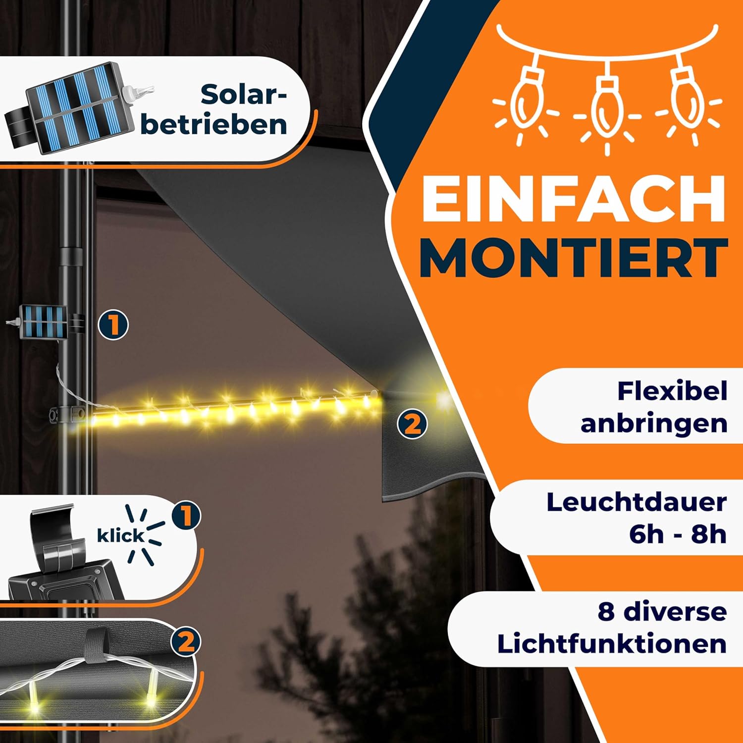 KESSER® Klemluifel met handslinger en led-lichtsnoer, balkonluifel zonder boren, luifel uv-bestendig, in hoogte verstelbaar en waterafstotend, zonwering voor balkon, terras en tuin, 300 cm