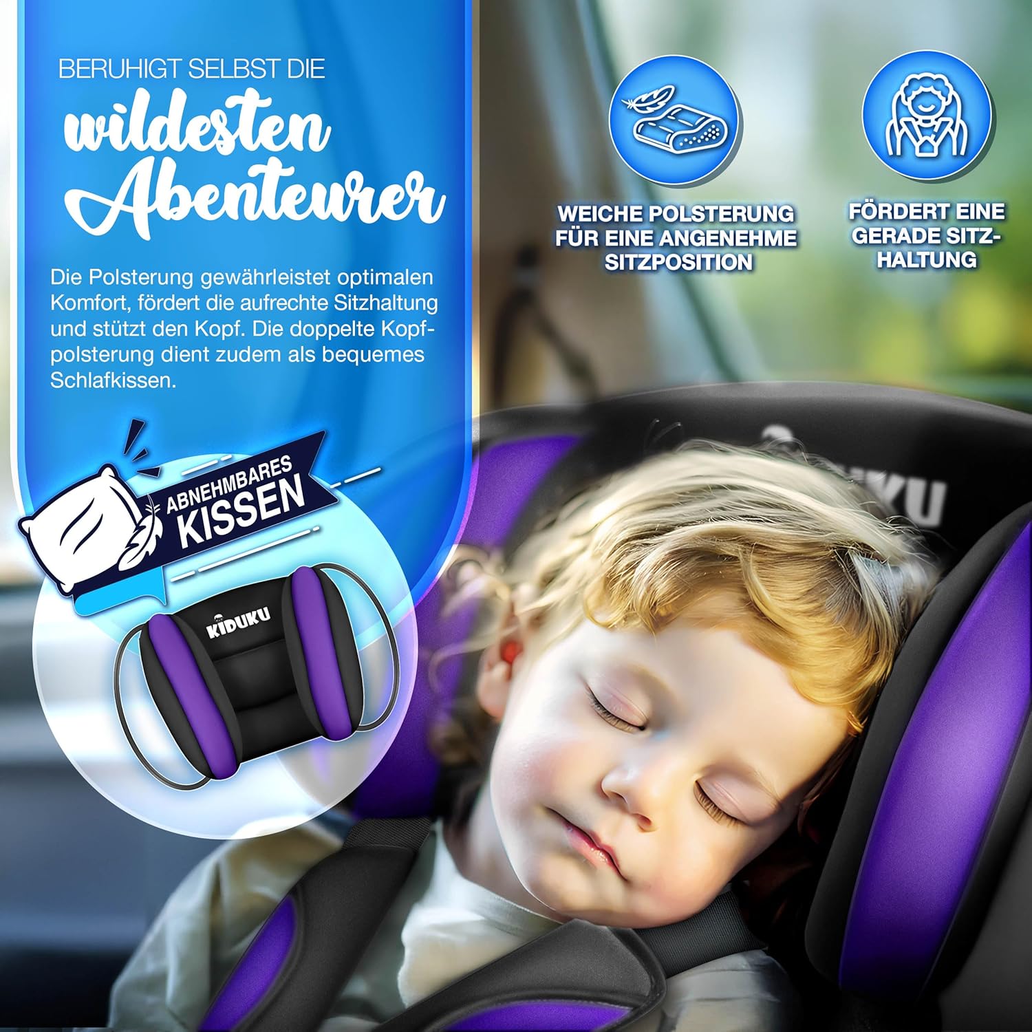 KIDUKU® Kinderzitje, 9-36 kg (1-12 jaar) met onderlegger voor kinderzitje, ECE R129/03, groep 1/2/3, autostoel, zwart/lila