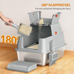 FOBYFURNY FPLB203SG1 Roestvrijstalen kattenbak met deksel, gesloten kattentoilet, 180 graden klapdeksel, inclusief pedaal en schep, gemakkelijk te reinigen, modulair design, 61 x 41 x 40 cm (l x b x h