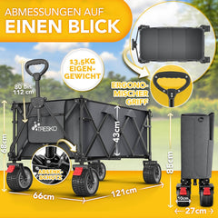 TRESKO® Bolderkar, opvouwbaar, 215 l, met rem, inklapbaar, 150 kg, incl. massief rubberen banden, opvouwbare strandwagen, extra brede all-terrain wielen, transportwagen met draagtas (donkergrijs)