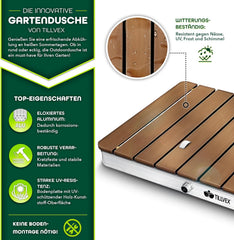 tillvex® Tuindouche outdoor tot 4 m fonteinhoogte | bodemdouche rechthoekig met voetwiel | buitendouche antislip | saunadouche weerbestendig | campingdouche van aluminium/WPC/houtlook