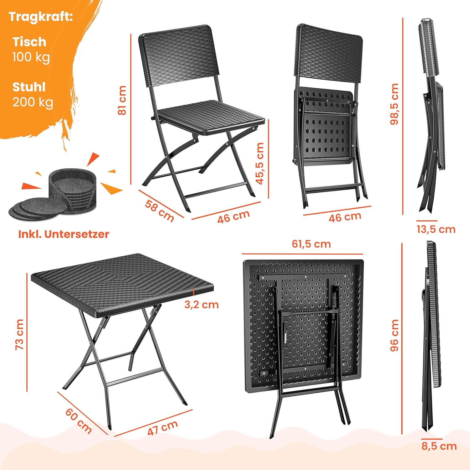 KESSER® Bistroset 3-delige balkontafel met 2 stoelen, balkonmeubel, weerbestendig en uv-bestendig, balkonset, inklapbare zitgroep, gecoat staal en rotan-look, tuinmeubelset met 6 vilten onderzetters