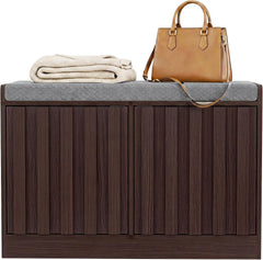UEV Entreebank met 2 deuren, schoenenbank, schoenenkast, design met houten latten, verstelbare planken, dikke gevoerde zitting voor entree, hal, 66 x 33 x 44 cm, bruin