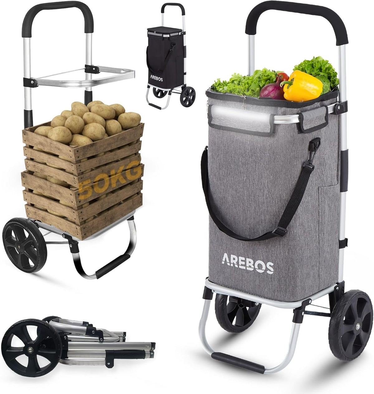 Arebos 3-in-1 boodschappentrolley, groot, 56 liter, winkelwagen met koelvak, boodschappentas met wieltjes, inklapbare shopper, inklapbare tas, afneembaar, boodschappentrolley, handwagen, grijs