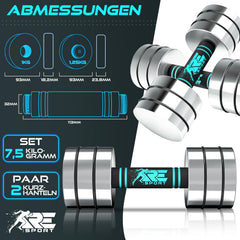 Dumbells set - Gewichten set - Halterset - Gietijzer - 2x7,5 kg - Zilver - RE:SPORT