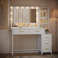 HEXCELEN Make-uptafel, kaptafel met grote spiegel, kaptafel met 5 laden, 5 open vakken, opbergruimte voor de spiegel, wit, 40 × 110 × 141 cm