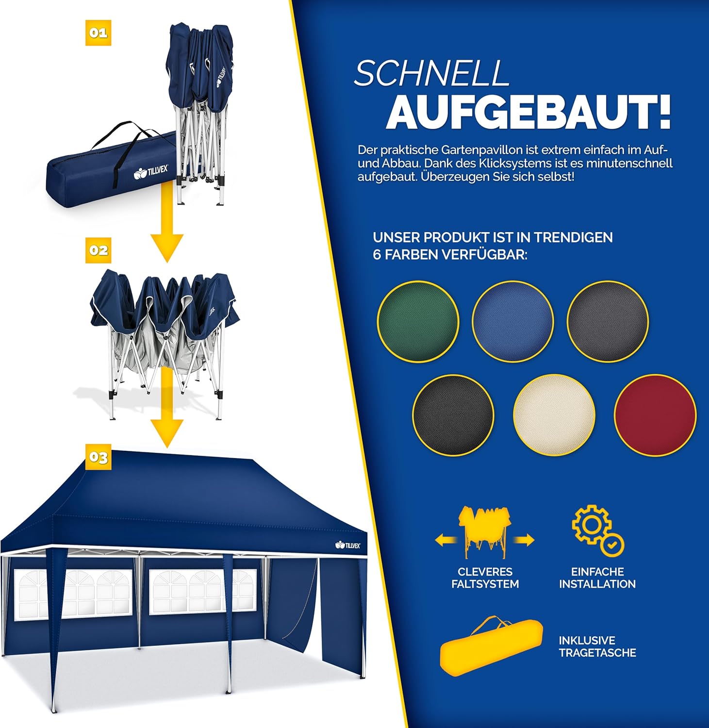 Tillvex® Partytent - 3x6m - Paviljoen - Easy Up - Blauw
