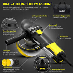 MASKO® Polijstmachine XXL-set 900 W excentrische polijstmachine 6 snelheden hoekpolijstmachine met 5 polijstsponzen 150 mm + tas afneembare D-handgreep en zijgreep, 3 m kabel, polijsten auto boot