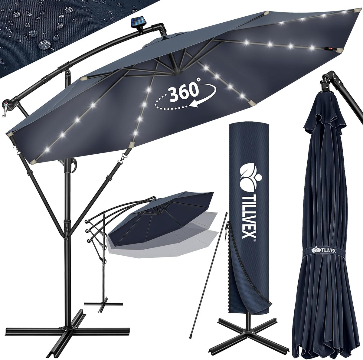 Tillvex® LED Parasol - Zweefparasol - Ø350cm - 360° Draaibaar - Blauw