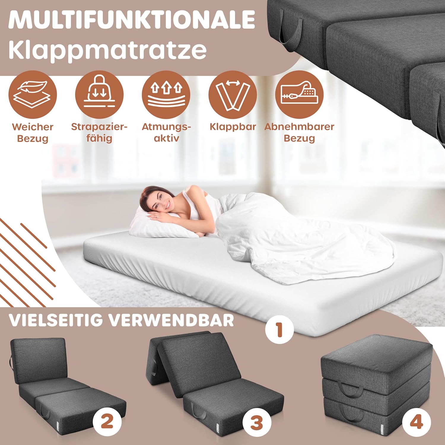 KESSER® Vouwmatras, 90 x 200 x 15 cm, gastenmatras, 3-voudig opvouwbaar, voor zitkruk, vouwmatras, schuimrubber, 25 kg/m³, extra dik, 15 cm, ademend, wasbaar, afneembare overtrek