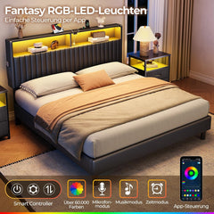 Rolanstar Bed met led, 140 x 200 cm, bedframe met laadstation (2 USB & 1 Type-C), gestoffeerde kop met rek met twee verdiepingen en 2 zijvakken, metalen bed voor slaapkamer, logeerkamer (zwart)