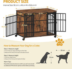 Hzuaneri Hondenbench, meubel met 360° draaiwielen, L hondenbox met schuifdeur, moderne houten hondenkooi voor kleine en middelgrote honden voor binnen, vintage bruin DFC86201B
