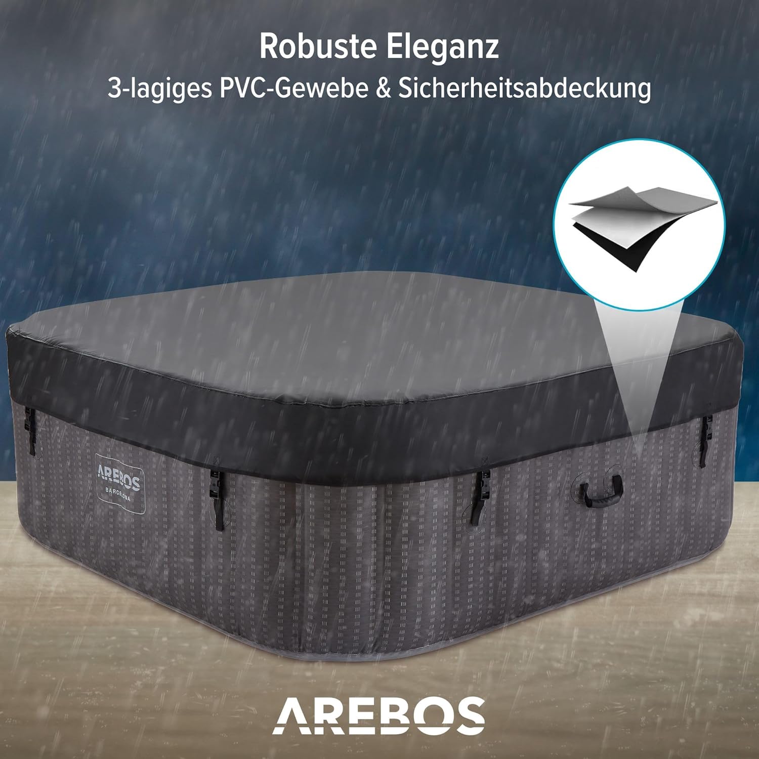 Arebos Spa Whirlpool 2400 W, in-outdoor zwembad, voor 6 personen, 185 x 185 cm, 130 massagejets, 910 l met verwarming, opblaasfunctie met één druk op de knop, inclusief afdekking, bubbelspa en