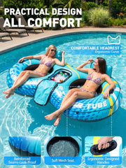 HLDIRECT Opblaasbare rivierband, robuuste drijfband voor 2 personen met bekerhouders, voor rivier, zwembad, meer, strand, ergonomische rugleuning, duurzame handgrepen en grijptouw voor volwassenen