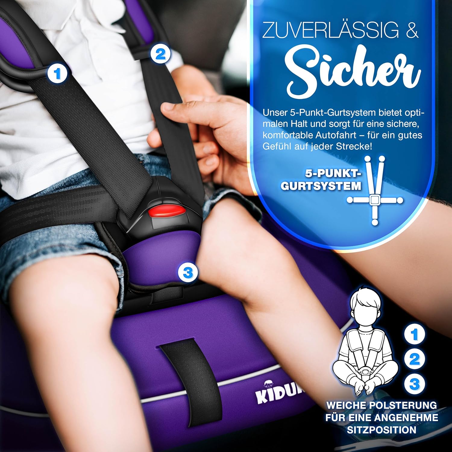 KIDUKU® Kinderzitje, 9-36 kg (1-12 jaar) met onderlegger voor kinderzitje, ECE R129/03, groep 1/2/3, autostoel, zwart/lila