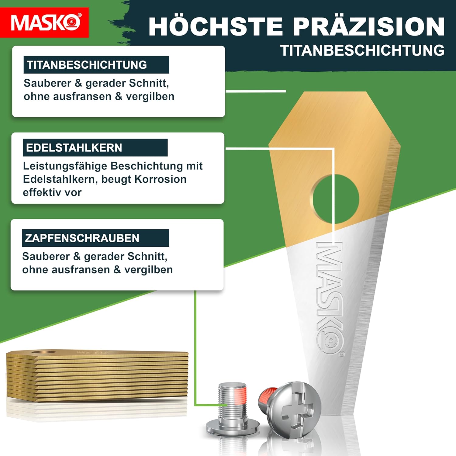 MASKO® Reservemesjes voor robotmaaiers, universeel incl. innovatieve schroeven, reservemessen voor robotmaaier, duurzame titanium coating, compatibel met Bosch, 12 stuks
