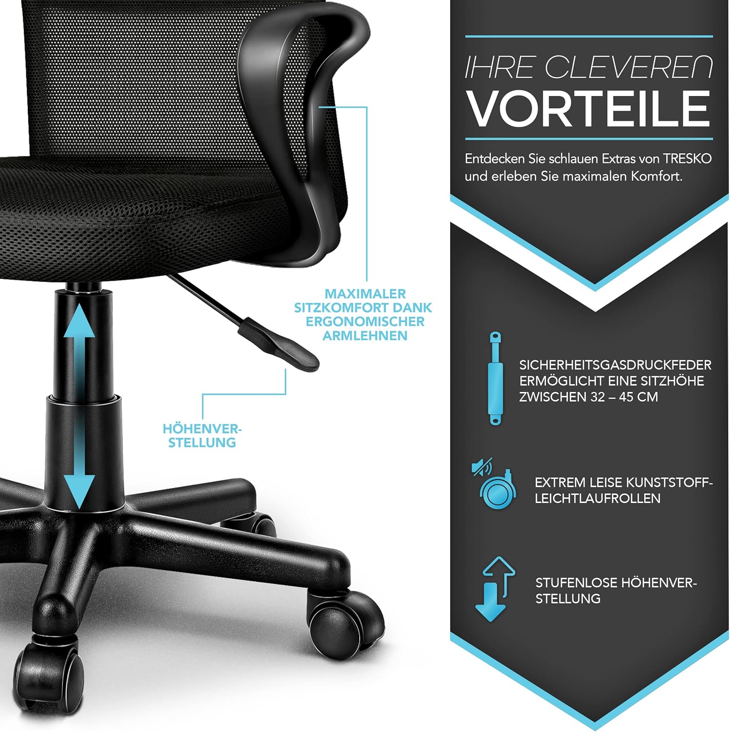 TRESKO Ergonomische Bureaustoel - Verstelbaar - Zwart