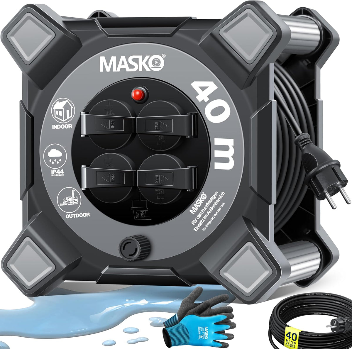 MASKO® Kabelhaspel, 40 m, verlengkabel met geaarde stopcontacten en wikkelgreep, outdoor kabelhaspel thermobescherming, apparaattrommel IP44, 1000 W ~ 3000 W, inclusief draaggreep en